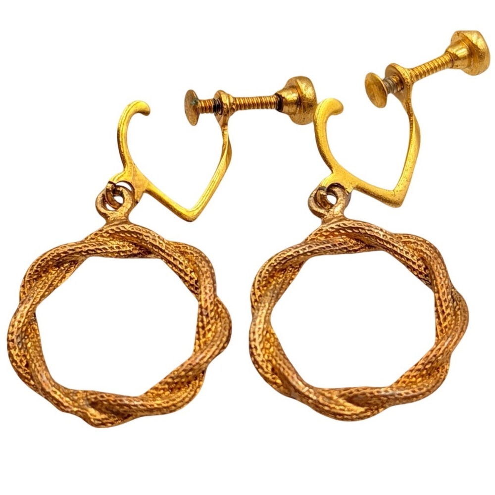 Vtg Gold Tone Twisted Hoop Clip Earrings Retro Heart Screw Back Dangle
